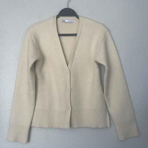 Zara Knit Ribbed Boxy Cardigan Jacket Cream Size Small - Picture 4 of 7